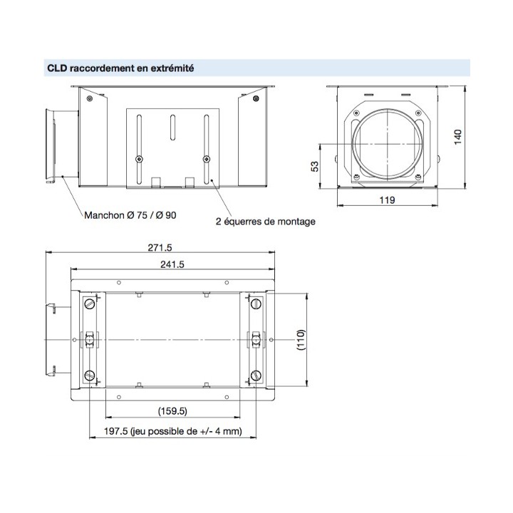 Boîtier de bouche CLD - Hauteur 140 mm -  Manchon longitudinal Ø 75 ou 90 mm [- mural, sol ou plafond - Réseau PEHD - Zehnder]