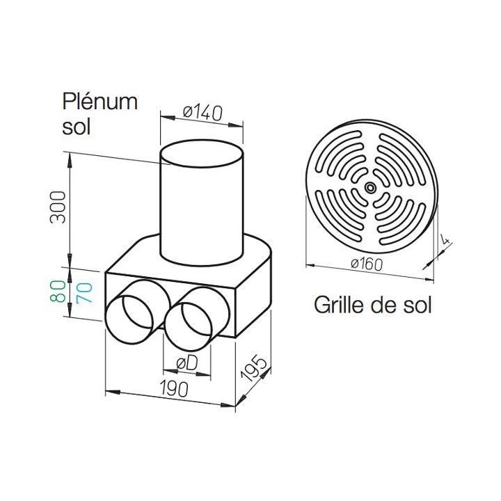 Kit plénum sol DN 160 + grille [- FRS-BKGS 2-63 et 2-75 - Réseau FlexPipe - Helios]