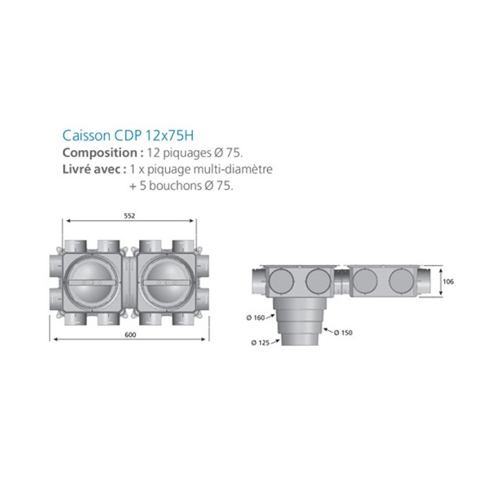 Caisson de distribution 12 piquages - CDP 12X75H [- Conduits et accessoires VMC en PE - Réseau Clip & Go - Atlantic]