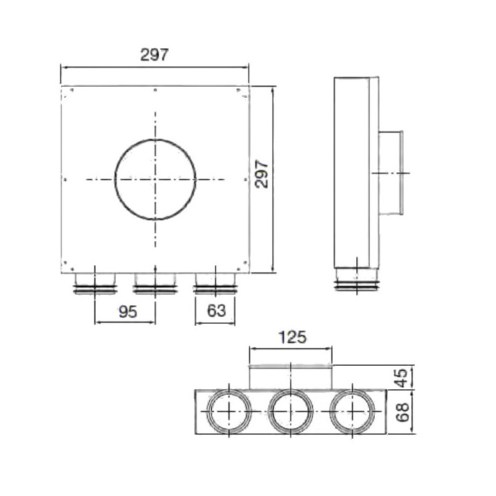 Té de raccordement 90° 3 piquages DN90 pour bouche ronde DN125 [- CDE -Conduits et accessoires VMC en PEHD - Brink]
