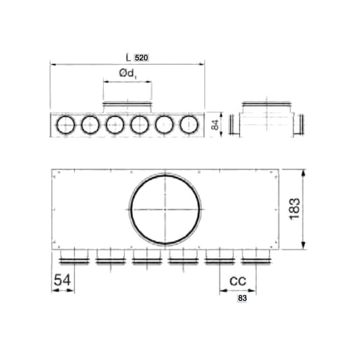 Caisson de distribution ECO 1 x Ø 125 - 6 x Ø 75 [- Conduits et accessoires VMC en PEHD - Brink]