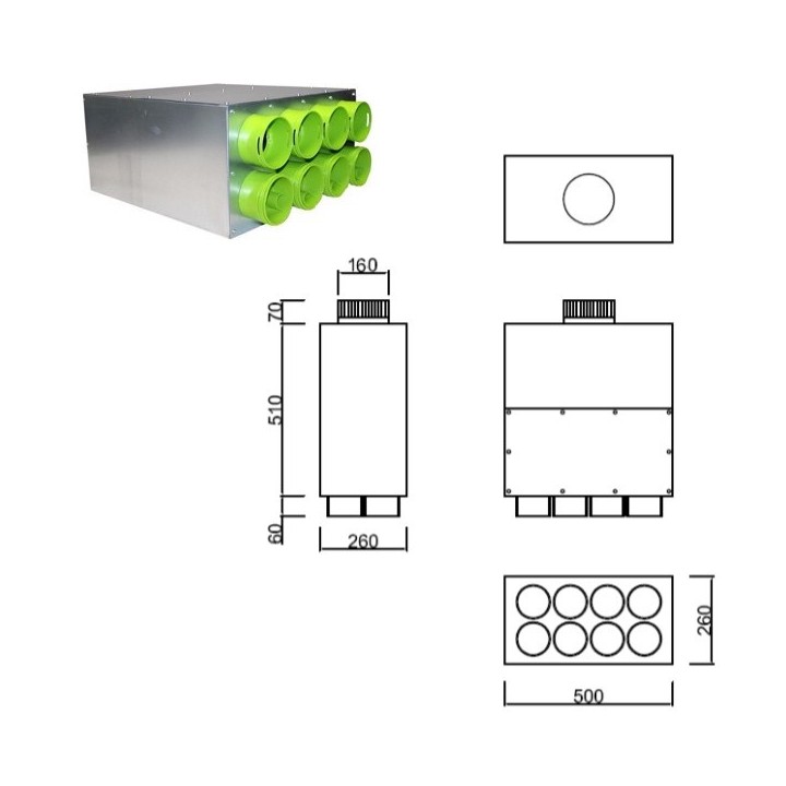 Caisson de distribution insonorisée 1 x Ø 160 - 8 x Ø 90 [- Conduits et accessoires VMC en PEHD - Brink]