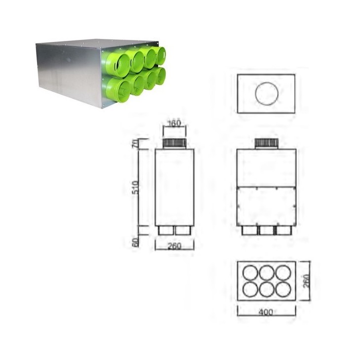 Caisson de distribution insonorisée 1 x Ø 160 - 6 x Ø 90 [- Conduits et accessoires VMC en PEHD - Brink]