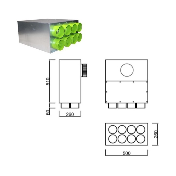 Caisson de distribution insonorisée 1 x Ø 160 à 90°- 8 x Ø 90 [- Conduits et accessoires VMC en PEHD - Brink]
