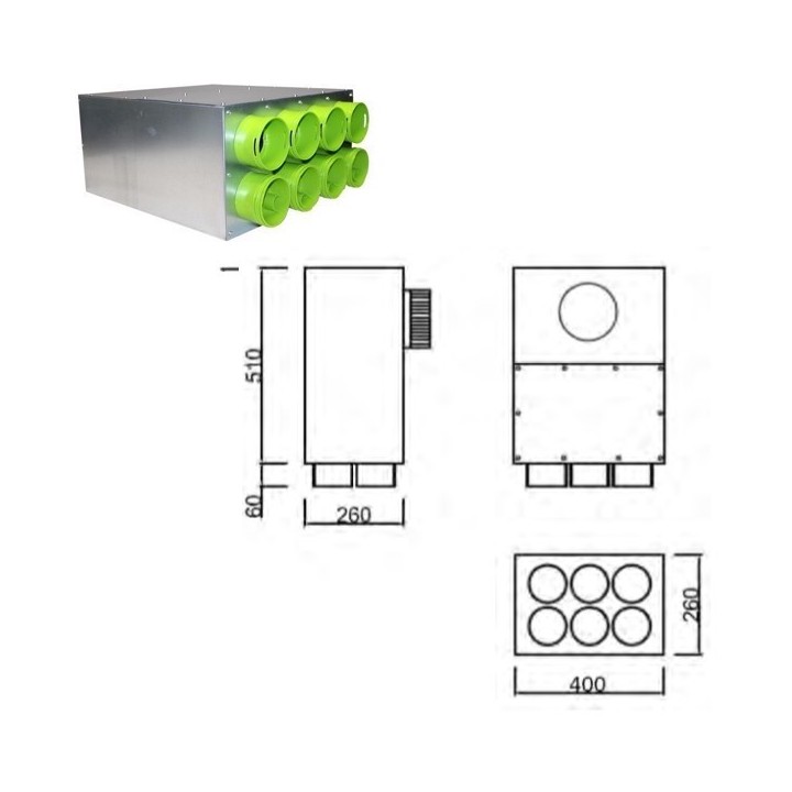 Caisson de distribution insonorisée 1 x Ø 160 à 90°- 6 x Ø 90 [- Conduits et accessoires VMC en PEHD - Brink]