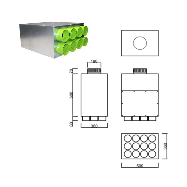 Caisson de distribution insonorisée 1 x Ø 180 - 12 x Ø 90 [- Conduits et accessoires VMC en PEHD - Brink]