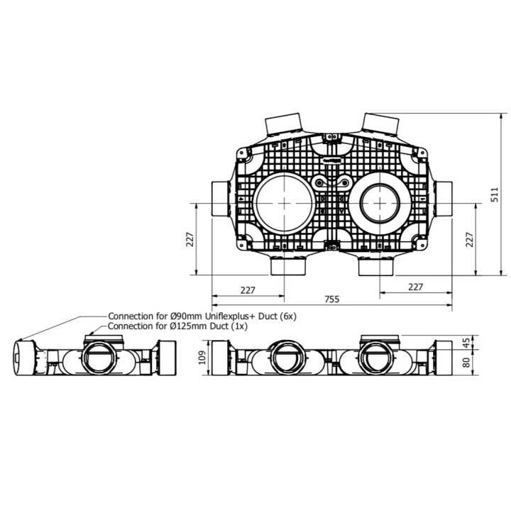 Répartiteur Ø 160 - 6 piquages Ø 90 mm [- TVG-90-160 - Réseau PEHD Uniflexplus - Ventilair]