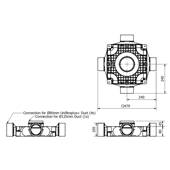 Répartiteur Ø 125 - 4 piquages Ø 90 mm [- TVGS-90-125 - Réseau PEHD Uniflexplus - Ventilair]