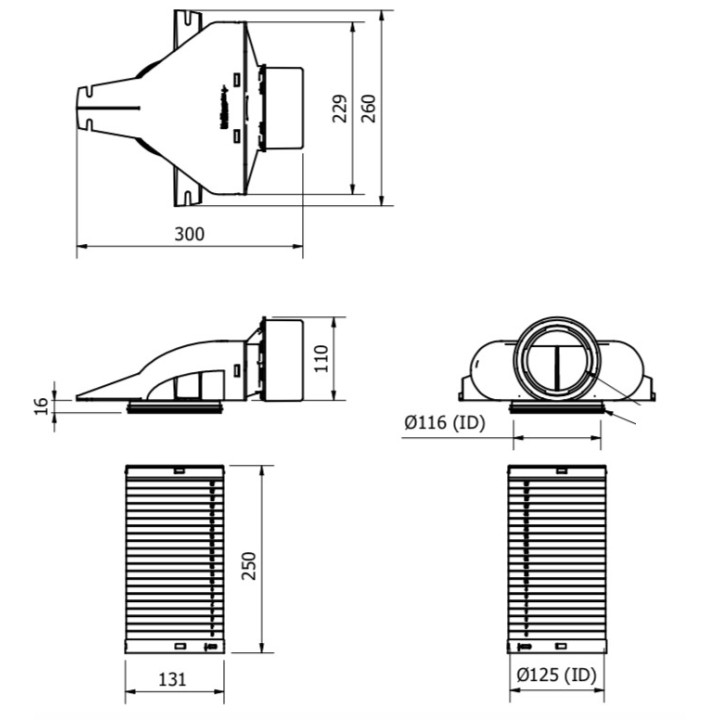 Collecteur coudé pour bouche Ø 125 - Ø 90 mm + manchette 250 mm [- VCH250-90 - Réseau PEHD Uniflexplus - Ventilair]