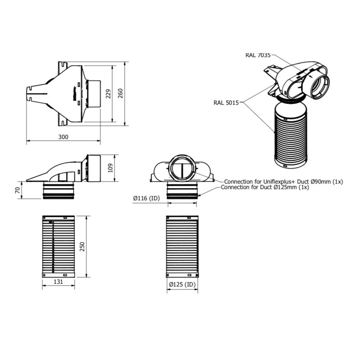 Manchette coudée Ø 125 - 1 piquage Ø 90 mm [- VCHL250-90 - Réseau PEHD Uniflexplus - Ventilair]