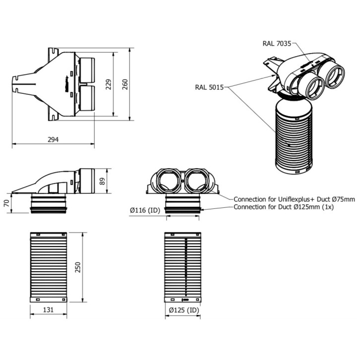 Manchette coudée Ø 125 - 2 piquages Ø 75 mm [- VCHL250-75 - VCH250-290 - Réseau PEHD Uniflexplus - Ventilair]