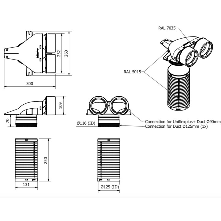 Collecteur long coudé pour bouche Ø 125 - 2 x Ø 90 mm + manchette 250 mm [- VCHL250-290 - Réseau PEHD Uniflexplus - Ventilair]