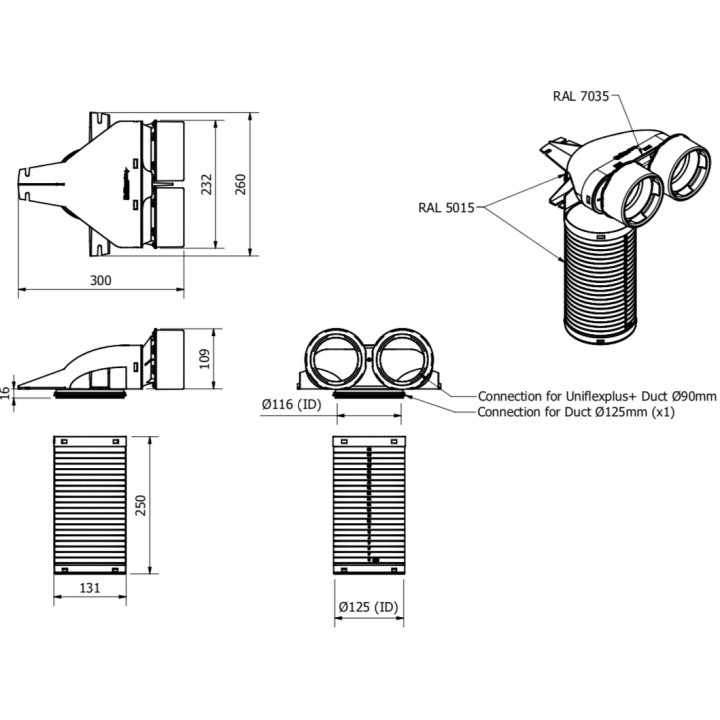 Collecteur coudé pour bouche Ø 125 - 2 x Ø 90 mm + manchette 250 mm [- VCH250-290 - Réseau PEHD Uniflexplus - Ventilair]