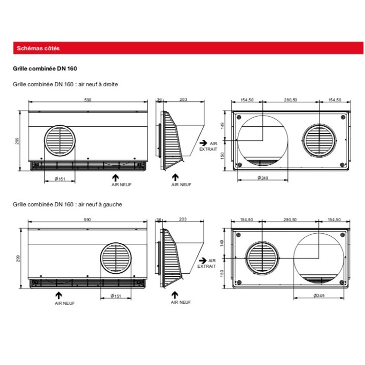Grille d'air extérieure combinée inox - Droite ou Gauche - Ø 160 mm [- Sorties murales - Zehnder]