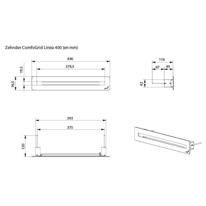 Boitier encastré pour bouche design Comfogrid LINEA - 1xØ 110 mm + 2xØ 90 mm - CSB-P 600 [- Réseau ComfoTube 90 - Zehnder]