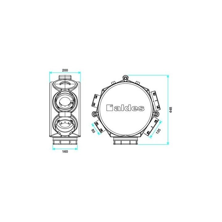 Caisson circulaire isolé 1xØ160 + 1xØ125 + 6xØ80 [- Conduits et accessoires VMC Double-flux- Aldès]