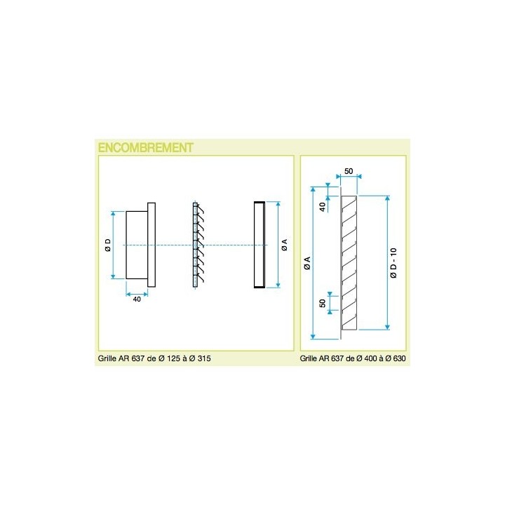 Grille série AR 637 Aluminium - Ø 125 à 315 mm [- Sortie d'air murale VMC - Aldes]